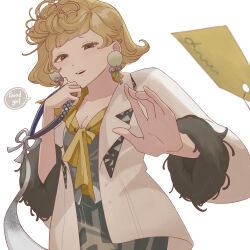 Rule 34 | 1girl, :d, blonde hair, breasts, cleavage, earrings, english text, from below, green skirt, grey shirt, hand up, hands up, highres, holding, holding leash, jacket, jewelry, leash, looking at viewer, masei shibou, ms. newbabel, open mouth, pom pom (clothes), pom pom earrings, pov, reverse:1999, shirt, short hair, skirt, smile, solo, speech bubble, upper body, viewer on leash, white background, white jacket, yellow eyes
