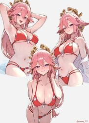 1girl animal_ears armpits bikini blush breasts duplicate earrings fox_ears genshin_impact highres jewelry large_breasts pink_hair red_bikini smile solo sooon string_bikini swimsuit yae_miko