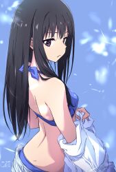 1girl back bare_shoulders bikini black_hair blue_bikini blush closed_mouth denim denim_shorts from_behind highres inoue_takina long_hair looking_at_viewer looking_back lycoris_recoil nii_manabu purple_eyes shirt shorts solo swimsuit undressing white_shirt