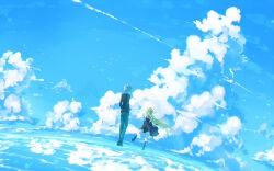 1boy 1girl air_(visual_novel) ayakasi24 black_boots black_dress blonde_hair blue_sky boots closed_eyes cloud dress grey_hair highres kamio_misuzu kunisaki_yukito looking_at_another sky