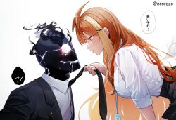1boy 1girl absurdres bent_over black_jacket black_necktie black_skirt black_suit_(blue_archive) blue_archive blush closed_mouth clothes_grab female_sensei_(blue_archive) high-waist_skirt highres id_card jacket long_hair looking_at_another necktie necktie_grab neckwear_grab nervous_smile nervous_sweating orange_eyes orange_hair sensei_(blue_archive) sera_razere shirt skirt sleeves_rolled_up smile sweat white_shirt