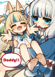 2girls animal_ear_fluff animal_ears artist_name barefoot blonde_hair blue_eyes blue_hair blue_hoodie blue_sailor_collar carrying carrying_person cat_ears closed_eyes commentary dress english_commentary english_text fang feet fins fish_tail flat_chest flying_sweatdrops gawr_gura grey_hair hair_ornament highres hololive hood hoodie indie_virtual_youtuber kotoba_(1074421015) long_hair multicolored_hair multiple_girls navel one_side_up open_mouth reaching reaching_towards_viewer sailor_collar sailor_dress sameko_saba shark_girl shark_hair_ornament shark_print shark_tail sitting soles speech_bubble streaked_hair tail toes virtual_youtuber voice_actor_connection white_dress