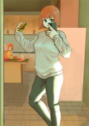2girls absurdres black_leggings breasts bright_pupils burger cellphone commentary cup daughter_(yoru_mac) drinking_straw food french_fries grey_sweater highres holding holding_food holding_phone leggings looking_down medium_breasts mother_(yoru_mac) multiple_girls orange_hair phone presiart short_hair smartphone smile solo_focus sweater symbol-only_commentary white_pupils yoru_mac