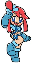 1girl :d bkub blue_boots blue_eyes blue_gloves blue_jacket blue_shorts blush_stickers boots breasts creatures_(company) crop_top cropped_jacket dot_nose full_body game_freak gloves hair_ornament highres jacket long_hair looking_at_viewer medium_breasts midriff navel nintendo one_side_up open_mouth pokemon pokemon_bw red_hair short_shorts shorts sidelocks simple_background skyla_(pokemon) smile solo teeth thigh_strap upper_teeth_only white_background