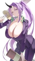 1girl absurdres black_horns breasts collarbone formal_clothes full_body highres holding holding_sword holding_weapon horns large_breasts long_hair long_sleeves looking_at_viewer marbo_(saico556) oni pants ponytail purple_eyes purple_hair purple_pants purple_suit sheath shion_(tensura) simple_background single_horn skin-covered_horns solo suit sword tensei_shitara_slime_datta_ken weapon white_background