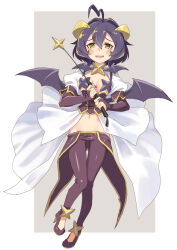 +_+ 1girl blush breasts commentary_request fang full_body highres hiiragi_utena horns katahira_masashi looking_at_viewer lowleg lowleg_pants magia_baiser magical_girl mahou_shoujo_ni_akogarete medium_breasts navel nervous_smile pants purple_hair riding_crop short_hair smile solo wings yellow_eyes