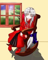 1girl bow byelen chair closed_eyes full_body half_updo long_hair m.u.g.e.n melty_blood pointy_ears pom_pom_(clothes) red_len red_shirt red_shoes rocking_chair shadow shirt shoes sitting skirt sleeping solo tree tsukihime very_long_hair white_hair window