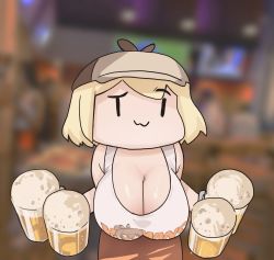 1girl :3 alcohol alternate_breast_size bare_shoulders beer blonde_hair blurry blurry_background breasts cleavage hat highres hololive hololive_english hooters huge_breasts indoors leaning_forward looking_at_viewer nanashi_mumei short_hair smol_ame solo standing tank_top virtual_youtuber watson_amelia what zedd_(zedgawr)
