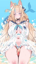 Rule 34 | 1girl, absurdres, aged up, ahoge, animal ear fluff, animal ears, between thighs, blonde hair, blue choker, blue eyes, blue hair, blunt bangs, blush, breasts, cat ears, choker, commentary, dishwasher1910, dress, frilled sailor collar, frills, hair ornament, heart, heart-shaped pupils, highres, indie virtual youtuber, large breasts, long hair, looking at viewer, low twintails, multicolored hair, navel, parted lips, sailor collar, sailor dress, sameko saba, sketch, smile, solo, streaked hair, symbol-shaped pupils, thighs, twintails, two-tone hair, very long hair, virtual youtuber, white dress