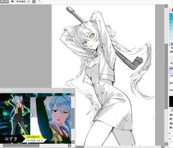 1girl ai_the_somnium_files ai_the_somnium_files:_nirvana_initiative arm_up braid dress floating_hair grey_eyes greyscale heterochromia illowine long_hair looking_at_viewer low_twin_braids monochrome okiura_mizuki pantyhose reference_inset simple_background sketch solo spot_color twin_braids very_long_hair vest yellow_eyes