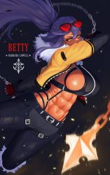 1girl abs absurdres breasts buttslayer castlevania_(series) cross dark-skinned_female dark_skin english_text eyewear_on_head highres jacket jewelry large_breasts long_hair midriff muscular muscular_female necklace original ponytail purple_hair scar scar_on_face sideboob solo weapon whip yellow_eyes