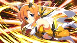 Rule 34 | 1girl, attack trail, aura, blue eyes, closed mouth, clothing cutout, cosplay, cowboy shot, detached sleeves, dutch angle, game cg, hair ornament, headset, highres, higurashi no naku koro ni, higurashi no naku koro ni mei, holding, holding sword, holding weapon, light particles, looking at viewer, navel, non-web source, official art, ryuuguu rena, scarf, senki zesshou symphogear, short hair, sleeveless, solo, sparkle, sword, tachibana hibiki (symphogear), tachibana hibiki (symphogear) (cosplay), v-shaped eyebrows, weapon, white scarf