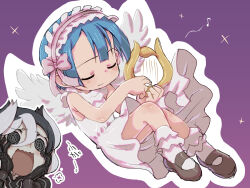 Rule 34 | 1boy, 1girl, @ @, androgynous, angel, angel wings, black gloves, black hair, blue hair, brown footwear, closed eyes, closed mouth, dress, drooling, frilled hairband, frills, gloves, hair between eyes, hairband, highres, holding harp, made in abyss, maruruk, multicolored hair, musical note, open mouth, outline, ozen, purple background, short hair, smile, socks, sparkle, streaked hair, trap, wavy mouth, white dress, white hair, white hairband, white outline, white socks, wings, ximu shilang