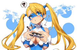 Rule 34 | 1girl, absurdres, asymmetrical bangs, blue eyes, blue leotard, breasts, cleavage, domino mask, elbow cutout, highres, large breasts, leotard, mask, mefuchan, playstation controller, rainbow mika, simple background, solo, street fighter, street fighter v, twintails, upper body, white background, wrestling mask, wrestling outfit