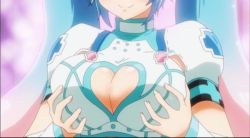 1girl angel animated animated_gif aqua_eyes aqua_hair blush breasts cleavage cleavage_cutout clothing_cutout female_focus grabbing_another&#039;s_breast grabbing_own_breast groping heart_cutout large_breasts metatron_(nanatsu_no_bitoku) metatron_(the_seven_heavenly_virtues) multicolored_eyes multicolored_hair nanatsu_no_bitoku screencap solo the_seven_heavenly_virtues