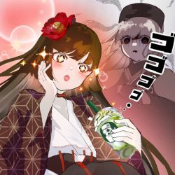 +_+ 1girl :o artist_request asa_no_ha_(pattern) black_eyes black_headwear blush brown_eyes brown_hair commentary_request cup disposable_cup fate/grand_order fate_(series) flower food hair_flower hair_ornament hand_on_own_cheek hand_on_own_face hime_cut holding holding_cup holding_food japanese_clothes kimono lipstick logo_parody long_hair makeup menacing_(jojo) open_mouth red_flower right-over-left_kimono sen_no_rikyu_(fate) sen_no_rikyu_(second_ascension)_(fate) sparkle translation_request unmoving_pattern white_hair