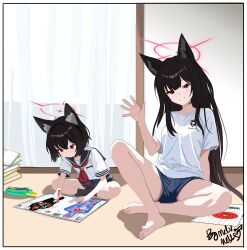 2girls absurdres alternate_costume animal_ear_fluff animal_ears barefoot black_hair black_socks blue_archive blue_sailor_collar blue_shorts blush fox_ears fox_girl grin highres holding holding_pencil indian_style looking_at_object looking_at_viewer melissa_v2 mother_and_daughter multiple_girls on_floor pencil red_eyes red_ribbon ribbon sailor_collar shirt shorts sitting smile socks waving_hands white_shirt yukino_(blue_archive)