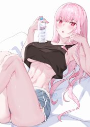 1girl absurdres alternate_costume bare_shoulders black_tank_top blue_shorts blush bottle breasts highres hololive hololive_english kamiya_maneki large_breasts long_hair looking_at_viewer mori_calliope navel open_mouth pink_eyes pink_hair plastic_bottle shorts signature solo stomach tank_top thighs twitter_username underboob virtual_youtuber water_bottle