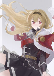 Rule 34 | 1girl, :|, arm at side, badge, black hairband, black jacket, black skirt, blonde hair, cape, closed mouth, collared jacket, commentary, cowboy shot, epaulettes, floating clothes, floating hair, from side, fur-trimmed jacket, fur trim, gold belt, gradient background, grey background, grey cape, hair between eyes, hairband, highres, jacket, jacket on shoulders, legs up, long hair, long sidelocks, looking to the side, miniskirt, pillarboxed, red eyes, red jacket, red sash, saijou claudine, sash, shoujo kageki revue starlight, shoulder sash, sidelocks, sideways glance, single epaulette, single horizontal stripe, skirt, solo, sukuuyu, tassel, waist cape, white background