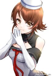1girl black_sailor_collar brown_eyes brown_hair dixie_cup_hat gloves grey_shirt hat highres kantai_collection military_hat minomori_yuu neckerchief off-shoulder_shirt off_shoulder red_neckerchief richard_p._leary_(kancolle) sailor_collar sailor_shirt school_uniform serafuku shirt short_hair simple_background smile solo steepled_fingers upper_body white_background white_gloves white_hat