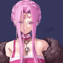 1girl alternate_costume bare_shoulders bra breasts choker cleavage earrings eyes_visible_through_hair facial_mark fate/grand_order fate_(series) forehead_mark fur_trim hair_bun highres jewelry kamo_ashi large_breasts long_hair long_sidelocks medusa_(fate) medusa_(rider)_(fate) necklace off_shoulder purple_eyes purple_hair sidelocks signature underwear