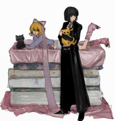 2girls alternate_costume animal black_coat black_hair black_pants black_shirt black_shoes blonde_hair blue_shirt bob_cut bow cat cigarette coat don_quixote_(project_moon) full_body herbbbbby highres holding holding_animal holding_cat leg_warmers limbus_company looking_at_another multiple_girls on_bed open_mouth pants pink_bow pink_leg_warmers pink_ribbon project_moon red_eyes ribbon ryoshu_(project_moon) shirt shoes short_hair shorts simple_background smoking stacked_mattresses standing white_background white_shorts yellow_eyes