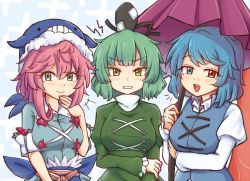 Rule 34 | 3girls, animal hat, black headwear, blue background, blue eyes, blue hair, blue headwear, blue shirt, blue vest, blush, breasts, commentary, dress, eyelashes, frilled sleeves, frills, green dress, green eyes, green hair, hair between eyes, hand up, hat, heterochromia, holding, holding umbrella, juliet sleeves, large breasts, long sleeves, looking at viewer, multiple girls, okunoda miyoi, outfit connection, pink hair, puffy sleeves, purple umbrella, red eyes, shirt, short hair, short sleeves, smile, soga no tojiko, tatara kogasa, tate eboshi, touhou, umbrella, upper body, vest, whale hat, white shirt, wool (miwol)