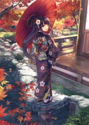 Rule 34 | 1girl, absurdres, autumn, autumn leaves, blue eyes, bridge, brown hair, clog sandals, female focus, floral print, flower, from behind, full body, geta, hair flower, hair ornament, highres, hiiro yuki, japanese clothes, kimono, leaf, lips, long hair, looking at viewer, looking back, maple leaf, obi, oil-paper umbrella, open mouth, original, outdoors, pond, ponytail, reflection, ribbon, rock, sandals, sash, scan, sidelocks, solo, tabi, tree, umbrella, veranda, water, zouri