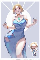 1girl absurdres alternate_costume armlet bare_shoulders blonde_hair blue_dress blue_eyes blue_lips blue_nails border breasts chibi chibi_inset choker cleavage closed_eyes closed_mouth collarbone dress earrings emma_frost facing_viewer feet_out_of_frame galzerani heart highres jewelry looking_at_viewer marvel marvel_rivals medium_breasts nail_polish short_hair side_slit single_bare_leg smile solo spaghetti_strap straight-on twitter_username white_border wide_hips x-men