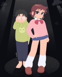 1boy 1girl alt_text ayase_momo ayase_momo_(cosplay) barefoot black_background black_hair blue_skirt bow bowtie brown_eyes brown_shoes commentary company_connection cosplay dandadan denim dzdello english_commentary full_body glasses green_hoodie gyaru highres hood hoodie jeans kogal loafers looking_at_viewer loose_socks no_lineart official_style pants pink_shirt ramona_flowers red_bow red_bowtie school_uniform science_saru scott_pilgrim scott_pilgrim_(series) scott_pilgrim_takes_off shirt shoes short_hair sidelocks skirt socks spotlight standing takakura_ken_(dandadan) takakura_ken_(dandadan)_(cosplay) turbo_granny_(dandandan) white_socks