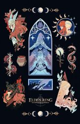 3girls 4boys absurdres androgynous blaidd_the_half-wolf blonde_hair blood blue_eyes blue_hair blue_skin bug butterfly cheseely cloak colored_skin elden_ring elden_ring:_shadow_of_the_erdtree extra_arms hat helmet highres insect jewelry knife large_hat long_hair malenia_blade_of_miquella messmer_the_impaler miquella_(elden_ring) moon_(symbol) multiple_boys multiple_girls queen_marika_the_eternal radagon_of_the_golden_order ranni_the_witch red_hair ring snake star_(symbol) sun_symbol tarnished_(elden_ring) witch_hat
