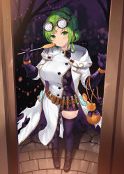 1girl belt black_gloves blush boots breasts brown_boots cait_aron candy closed_mouth costume doorway dress earrings female_focus fire_emblem fire_emblem:_the_sacred_stones fire_emblem_heroes food full_body gloves goggles goggles_on_head green_eyes green_hair halloween halloween_costume highres jack-o&#039;-lantern jack-o&#039;-lantern_earrings jewelry l&#039;arachel_(fire_emblem) large_breasts lollipop looking_at_viewer mad_scientist matching_hair/eyes nintendo official_alternate_costume ponytail purple_dress purple_gloves purple_thighhighs skindentation smile solo standing test_tube thighhighs zettai_ryouiki