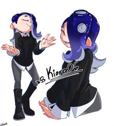 1girl alternate_costume arms_up artist_name black_boots black_shirt boots bright_pupils closed_eyes closed_mouth commentary_request grey_pants hair_over_one_eye highres kiora06 long_hair looking_at_viewer multiple_views nintendo octoling open_mouth pants red_eyes shirt shiver_(dark_chocolate)_(splatoon) shiver_(splatoon) short_eyebrows signature simple_background smile splatoon_(series) splatoon_3 teeth tentacle_hair thick_eyebrows white_background white_pupils