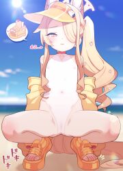 1girl :3 animal_ear_fluff animal_ears bare_shoulders beach blonde_hair blue_archive closed_mouth commentary_request covered_erect_nipples covered_navel cross_halo diamond_cutout extra_ears feet flat_chest fox_ears fox_girl fox_tail gluteal_fold hair_over_one_eye half-closed_eyes halo highleg highleg_one-piece_swimsuit highres jacket loli long_hair long_sleeves looking_at_viewer off_shoulder official_alternate_costume one-piece_swimsuit one_eye_covered outdoors paid_reward_available robo_mikan sandals seia_(blue_archive) seia_(swimsuit)_(blue_archive) side_ponytail smile smug solo spread_legs squatting swimsuit tail thighs toes toes_up variant_set very_long_hair visor_cap yellow_halo yellow_jacket yellow_sandals yellow_visor