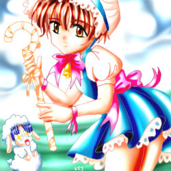 Rule 34 | 1990s (style), bow, brown eyes, brown hair, cardcaptor sakura, crossdressing, dress, frills, gender request, genderswap, hiiragizawa eriol, lace, li xiaolang, resuko, retro artstyle, sheep, short dress, short hair, skirt, staff