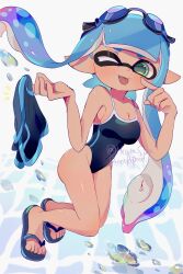 1girl artist_name blue_hair blue_one-piece_swimsuit blue_sandals breasts cleavage commentary_request dark-skinned_female dark_skin goggles goggles_on_head gradient_hair green_eyes highres inkling inkling_girl inkling_player_character long_hair medium_breasts merute_spla multicolored_hair nintendo one-piece_swimsuit one_eye_closed pink_hair pointy_ears sandals solo splatoon_(series) splatoon_3 swimsuit tentacle_hair tongue tongue_out twitter_username two-tone_hair watermark