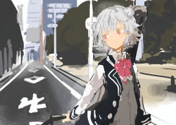 1girl arm_behind_back black_jacket blazer bow bowtie brown_eyes cevio closed_mouth collared_shirt commentary day double_bun flipped_hair foliage grey_hair grey_sweater guitar_case hair_bun hair_ornament hairclip highres instrument_case instrument_on_back jacket kabuyama_kaigi koharu_rikka lamppost long_sleeves looking_back multicolored_eyes multicolored_jacket open_clothes open_jacket outdoors pink_bow pink_bowtie pink_eyes road school_uniform shirt short_hair smile solo street sweater synthesizer_v two-tone_eyes two-tone_jacket upper_body urban white_sleeves