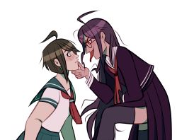 2girls ahoge black_thighhighs blue_collar blue_dress brown_hair collar danganronpa_(series) danganronpa_another_episode:_ultra_despair_girls dress ears eyebrows female_focus fukawa_toko genocider_shou hand_on_another&#039;s_chin hand_on_another&#039;s_face hand_on_another&#039;s_head long_hair long_tongue looking_at_another looking_up lowres medium_hair multiple_girls naegi_komaru nose open_mouth palms pleated_dress pleated_skirt purple_dress purple_hair red_eyes red_scarf scarf school_uniform simple_background skirt thighhighs tongue tongue_out upper_body white_background yuri