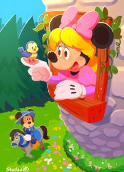 1boy 1girl animal_ears bird bow cosplay dress gloves hair_bow highres horse long_hair long_sleeves looking_at_viewer mickey_mouse mickey_mouse_&amp;_friends minnie_mouse open_mouth rapunzel_(disney) rapunzel_(disney)_(cosplay) rapunzel_(fairy_tale) rapunzel_(fairy_tale_character) rapunzel_(fairy_tale_character)_(cosplay) shirt smile takatmaorange white_gloves