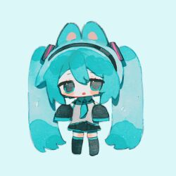 &gt;_&lt; 1girl :o absurdly_long_hair animal_ears animated animated_gif aqua_eyes aqua_hair aqua_necktie aqua_trim azhiichigo bare_shoulders black_boots black_skirt black_sleeves blinking blue_background boots cat_ears cat_girl chibi chibi_only chinese_commentary collared_shirt commentary_request detached_sleeves double-parted_bangs film_grain full_body grey_shirt hair_between_eyes hair_ornament hands_up hatsune_miku headphones highres jumping kemonomimi_mode long_hair long_sleeves miniskirt necktie open_mouth pleated_skirt shirt simple_background skirt sleeveless sleeveless_shirt solo straight-on thigh_boots thighhighs twintails very_long_hair vocaloid zettai_ryouiki