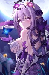 1girl backless_dress backless_outfit bare_back bare_shoulders black_tiara breasts castorice_(honkai:_star_rail) commentary dress flower gloves hair_flower hair_intakes hair_ornament hair_ribbon honkai:_star_rail honkai_(series) large_breasts looking_at_viewer on2_(on2dhsxn) parted_lips pointy_ears purple_eyes purple_flower purple_gloves purple_hair purple_ribbon ribbon solo tiara upper_body white_dress