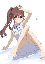 Rule 34 | 1girl, 22/7, ano hi mita hana no namae wo bokutachi wa mada shiranai., black scrunchie, blue ribbon, blush, brown hair, closed mouth, cosplay, dress, frilled dress, frills, full body, furumoto, hair ornament, hair scrunchie, hand on own head, high side ponytail, highres, honma meiko, honma meiko (cosplay), long hair, looking up, neck ribbon, ribbon, scrunchie, sidelocks, sitting, sleeveless, sleeveless dress, smile, solo, toda jun, white background, white dress