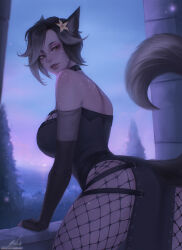 1girl animal_ears ass black_choker black_dress black_gloves black_hair blurry blurry_background breasts cat_ears cat_tail choker commentary dress elbow_gloves english_commentary facial_mark facial_scar final_fantasy final_fantasy_xiv fingerless_gloves fishnet_pantyhose fishnets flower gloves grey_hair hair_flower hair_ornament large_breasts lips miqo&#039;te mole mole_under_eye multicolored_hair nebula_(neebulaart) pantyhose patreon_username pelvic_curtain scar scar_on_cheek scar_on_face short_hair signature solo strapless strapless_dress tail two-tone_hair warrior_of_light_(ff14) watermark web_address whisker_markings