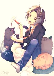 1boy animal beige_background blue_pants brown_eyes brown_hair brown_hoodie cat cat_teaser cellphone chita_(ketchup) collarbone commentary_request cradling_phone forehead full_body hair_ornament hairclip head_tilt highres holding hood hood_down hoodie long_sleeves male_focus multitasking no_shoes open_mouth original pants parted_bangs phone shirt signature simple_background sitting sleeves_pushed_up smartphone socks soles solo talking_on_phone translation_request white_cat white_shirt white_socks