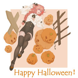 1boy absurdres alternate_costume astolfo_(fate) black_bow black_nails bow braid eyelashes fang fate/apocrypha fate_(series) fence frilled_shirt frills full_body hair_bow hair_intakes halloween happy_halloween high-waist_shorts highres jack-o&#039;-lantern just_we long_hair male_focus mary_janes multiple_hair_bows nail_polish open_mouth orange_bow original pink_hair pumpkin purple_eyes shirt shoes shorts single_braid solo thighs trap vampire_costume wooden_fence