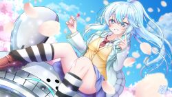 1girl aqua_hair aqua_jacket blue_eyes blue_hair blue_nails blue_skirt blue_sky blush breasts brown_shoes candy cherry_blossoms collared_shirt commentary_request commission convenient_leg crossed_bangs day dutch_angle earrings eyelashes falling_petals floating_hair food foot_out_of_frame grin hair_between_eyes hands_up happy highres holding holding_candy holding_food holding_lollipop jacket jewelry kneehighs large_breasts light_particles loafers lollipop long_hair long_sleeves looking_at_viewer loose_socks miniskirt multicolored_hair nail_polish open_clothes open_jacket outdoors petals phantasy_star phantasy_star_online_2 ponytail protagonist_(pso2) shirt shoes sidelocks signature sitting skeb_commission skirt sky smile socks solo spring_(season) streaked_hair striped_clothes striped_socks tamamo_(1_tamamo) v vest white_shirt wide_sleeves wind yellow_vest
