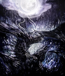 Rule 34 | animal focus, claws, cloud, commentary request, crystal, full body, full moon, highres, horns, huge moon, looking at viewer, monster, moon, night, no humans, original, outdoors, pixiv fantasia, pixiv fantasia new world, sakaya313, scales, signature, solo, wings