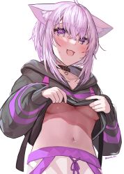 Rule 34 | 1girl, absurdres, ahoge, animal ear fluff, animal ears, black collar, black hoodie, breasts, cat ears, cat girl, clothes lift, collar, highres, hololive, hood, hoodie, hoodie lift, large breasts, lifting own clothes, looking at viewer, medium hair, nekomata okayu, nekomata okayu (1st costume), open mouth, purple eyes, purple hair, rum raisin (chihiromakita19), smile, solo, underboob, virtual youtuber