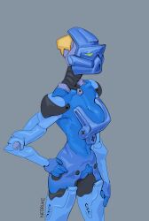 1girl absurdres artist_name bionicle blue_skin breasts cleavage collarbone colored_skin gali_(bionicle) grey_background hand_on_own_hip hand_on_own_thigh highres humanoid_robot looking_ahead mask medium_breasts navel neoruke one_eye_covered robot solo the_lego_group yellow_eyes