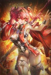 1girl armor bare_shoulders black_bow bodysuit boots bow breastplate breasts chromatic_aberration collar commentary earrings gradient_hair hair_between_eyes hair_bow hair_intakes hair_ornament hairband hand_up highres holding holding_polearm holding_weapon jewelry large_breasts long_hair looking_at_viewer lupa_(wuthering_waves) metal_collar metal_hairband multicolored_hair multiple_hair_bows open_mouth polearm red_hair red_pupils red_sash sash solo tacet_mark_(wuthering_waves) thigh_boots thighs turbulence twintails weapon white_bodysuit white_boots wrist_guards wuthering_waves yellow_eyes